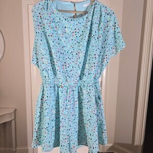 CARAMELA Teal Multi Color Dot Print Elastic Waist Mini Dress Women's Large